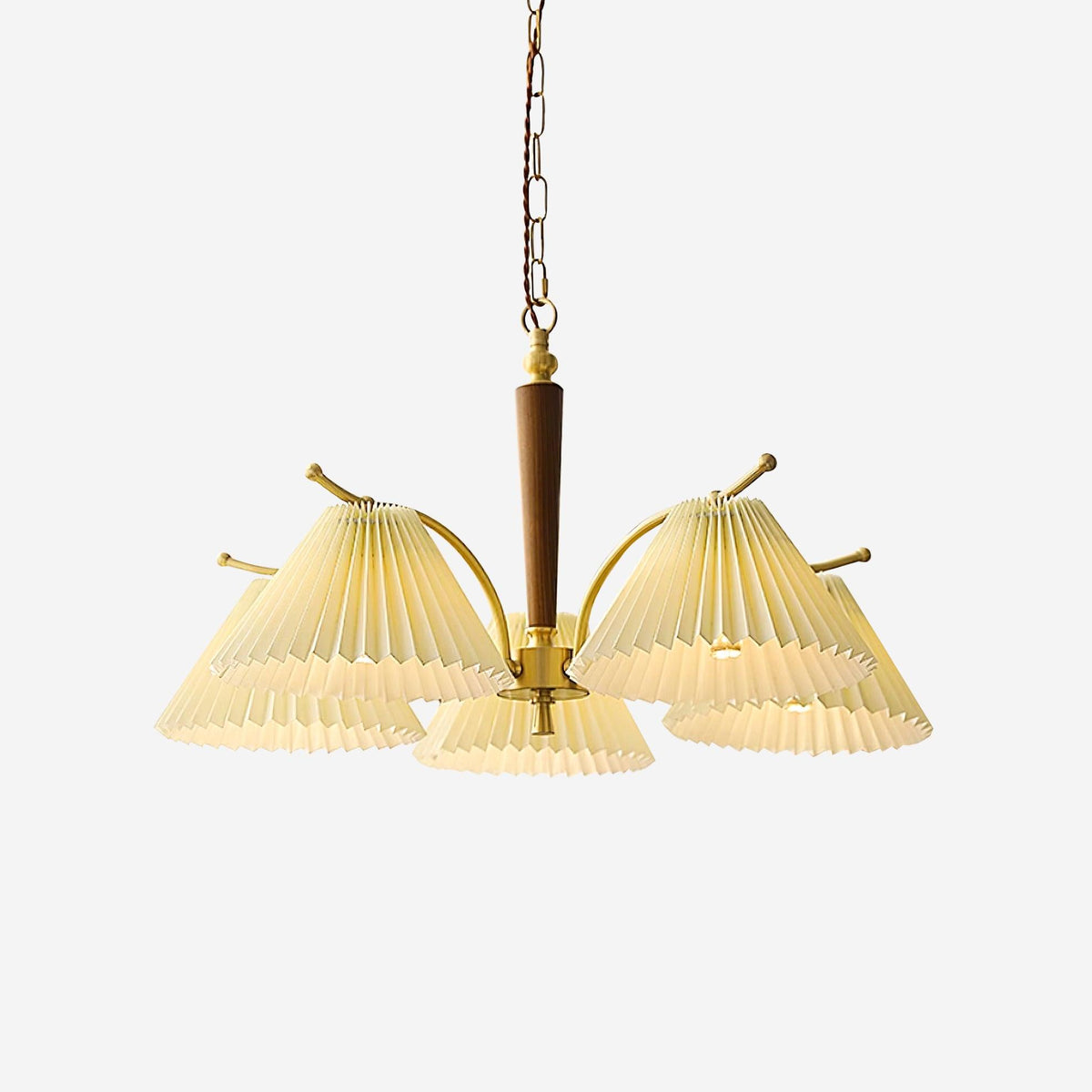 Chandelier Pleated Fabric Shades Walnut Brass Arms Warm Retro-Neutral Decor
