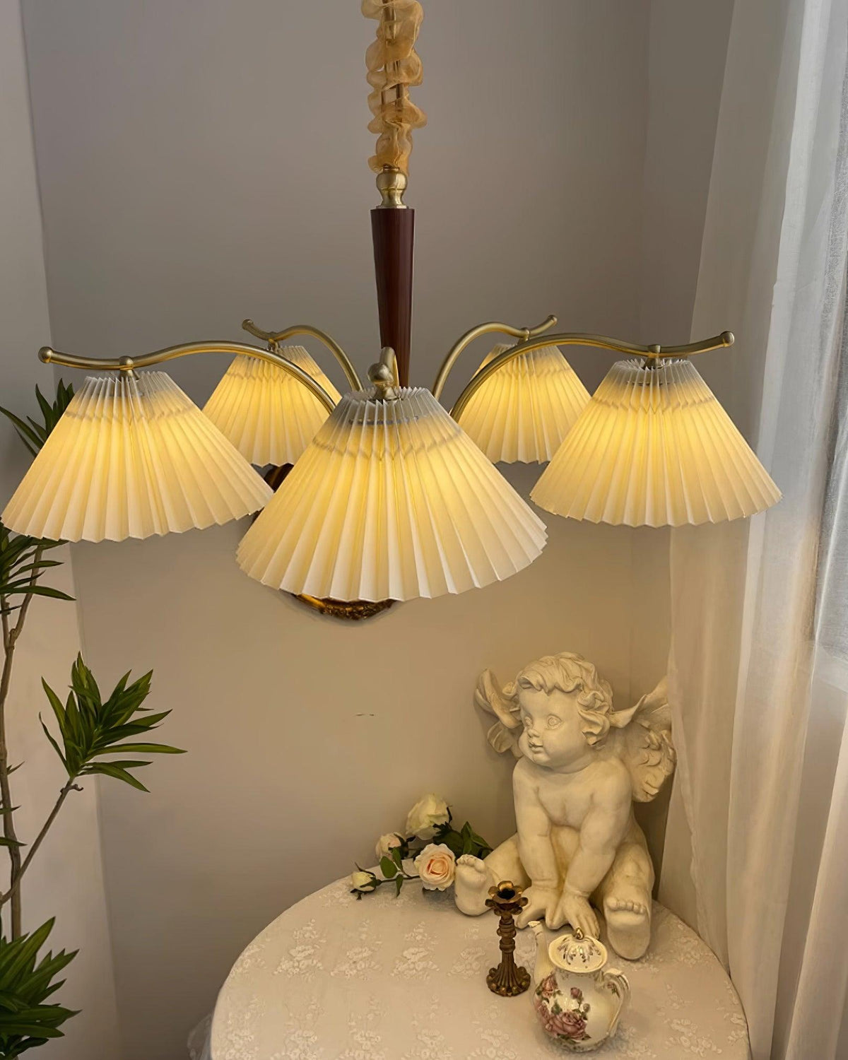 Chandelier Pleated Fabric Shades Walnut Brass Arms Warm Retro-Neutral Decor