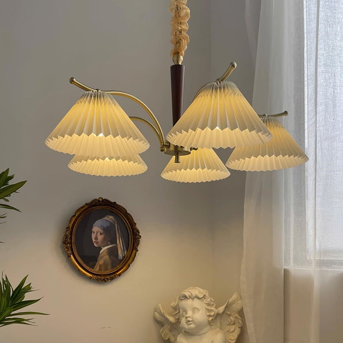 Chandelier Pleated Fabric Shades Walnut Brass Arms Warm Retro-Neutral Decor