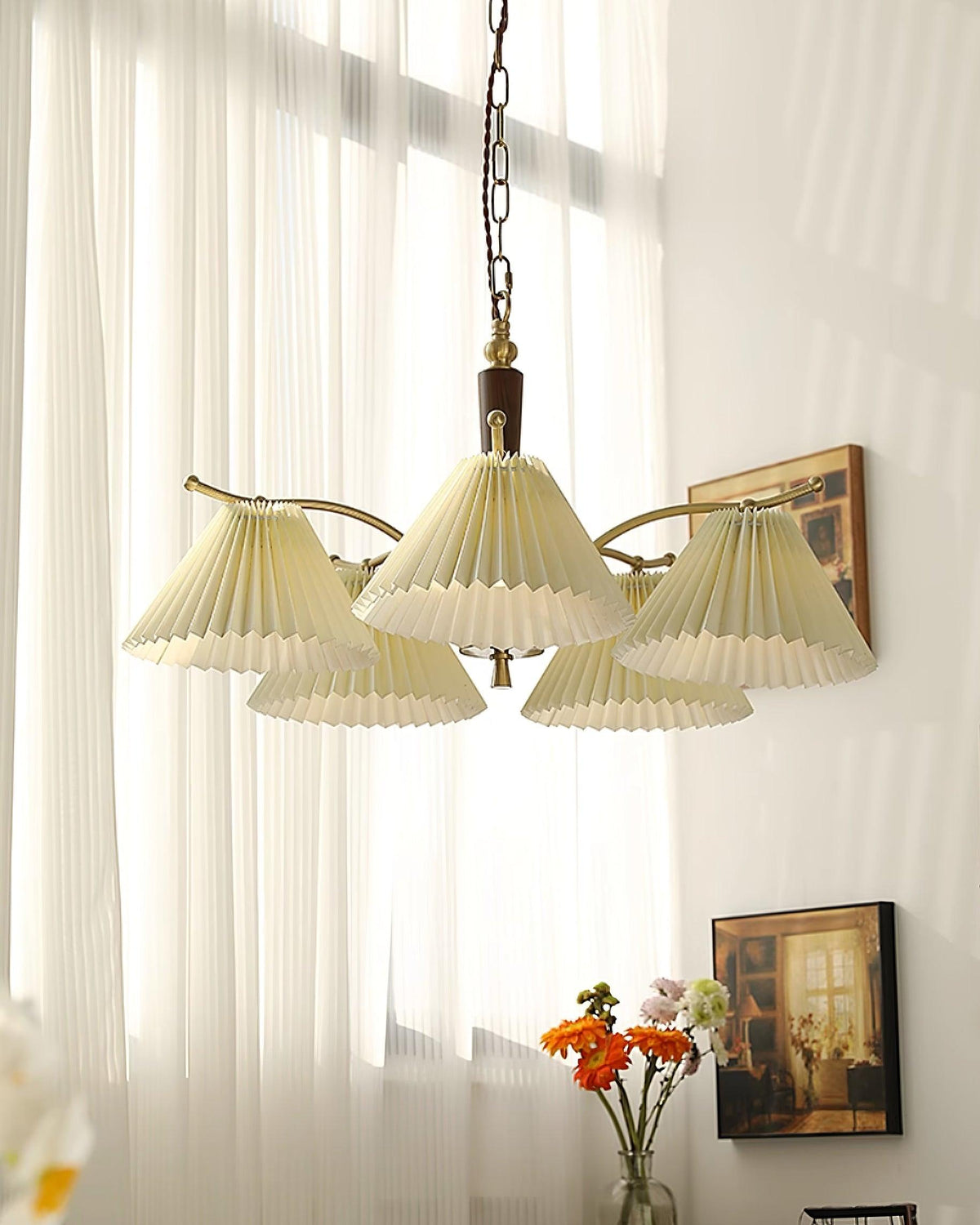 Chandelier Pleated Fabric Shades Walnut Brass Arms Warm Retro-Neutral Decor