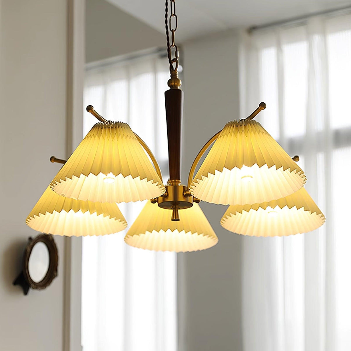 Chandelier Pleated Fabric Shades Walnut Brass Arms Warm Retro-Neutral Decor