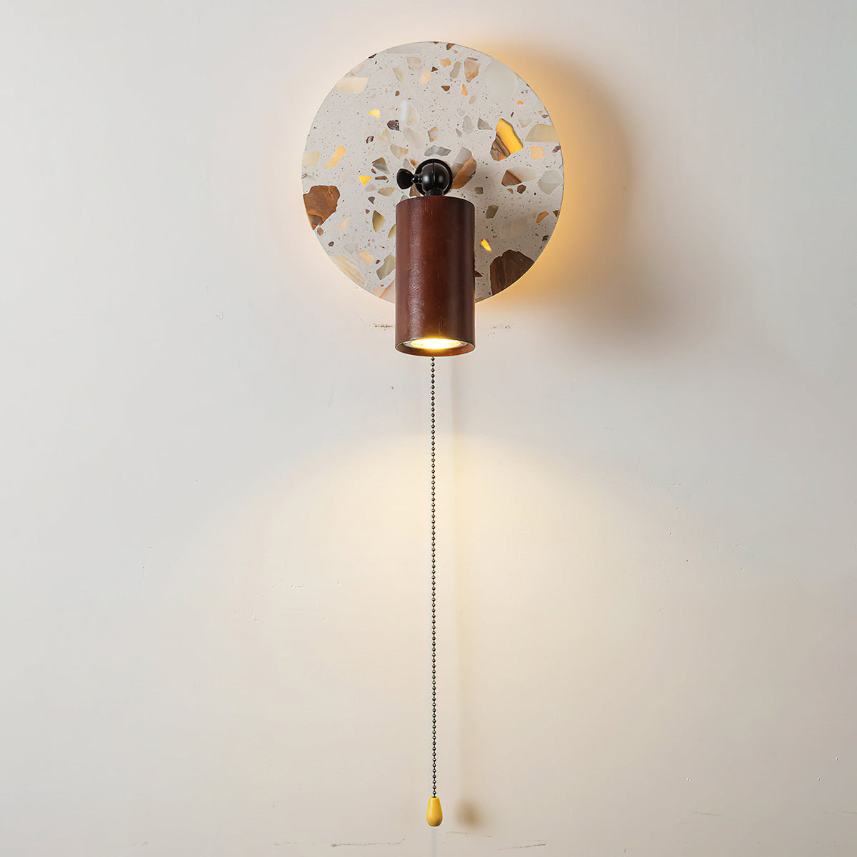 View of the lamp's walnut-colored wood finish.