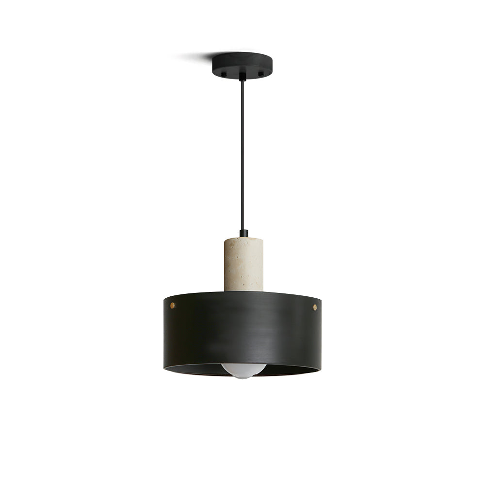 Tako Pendant Lamp in beige travertine and walnut wood finish.