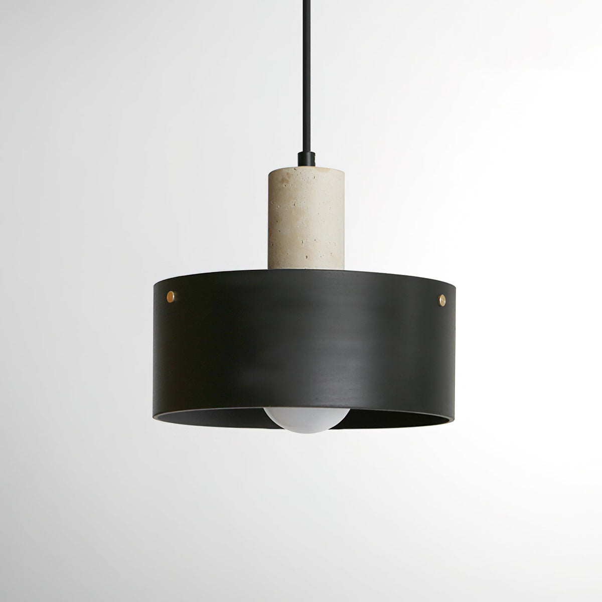 Low-angle shot of the Tako Pendant Lamp in beige and walnut.