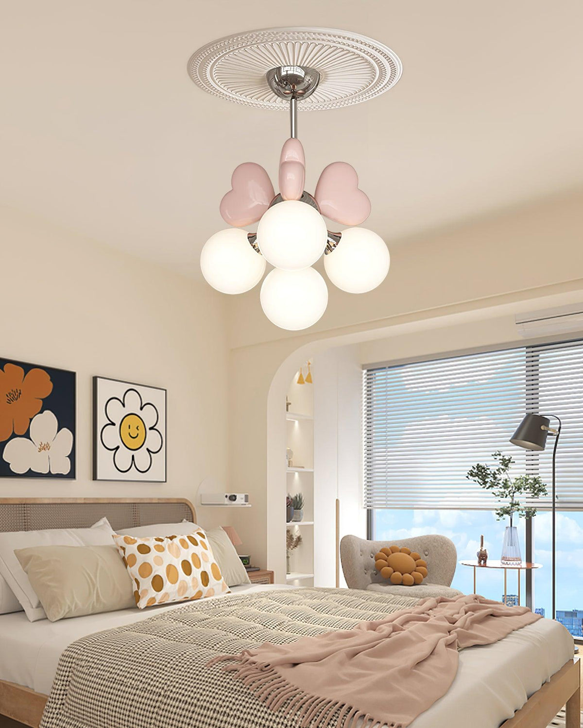Chandelier Heart Accents Globe Shades Playful Modern Kids Room-Neutral Decor