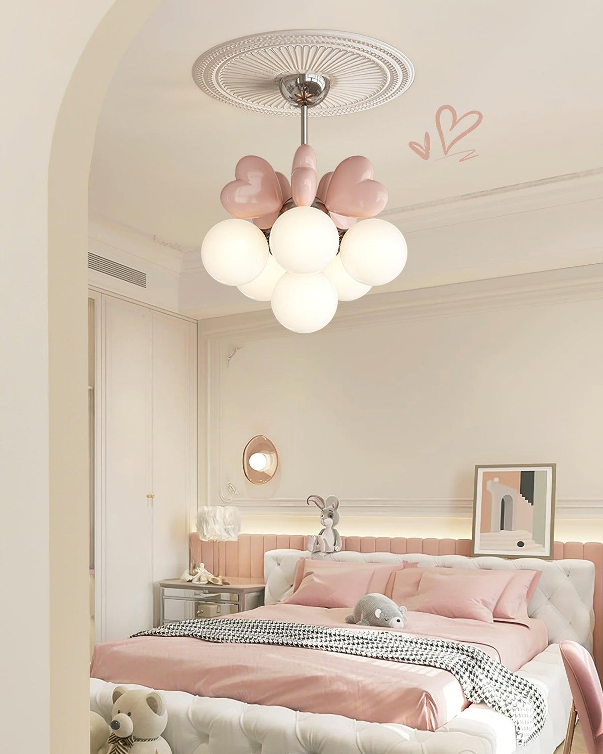 Chandelier Heart Accents Globe Shades Playful Modern Kids Room-Neutral Decor