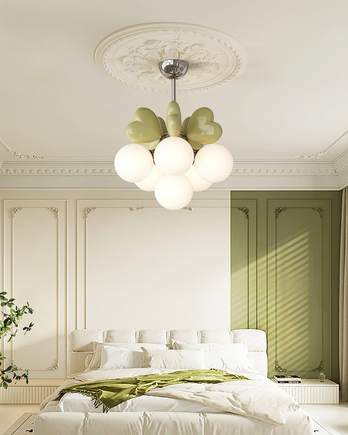 Chandelier Heart Accents Globe Shades Playful Modern Kids Room-Neutral Decor