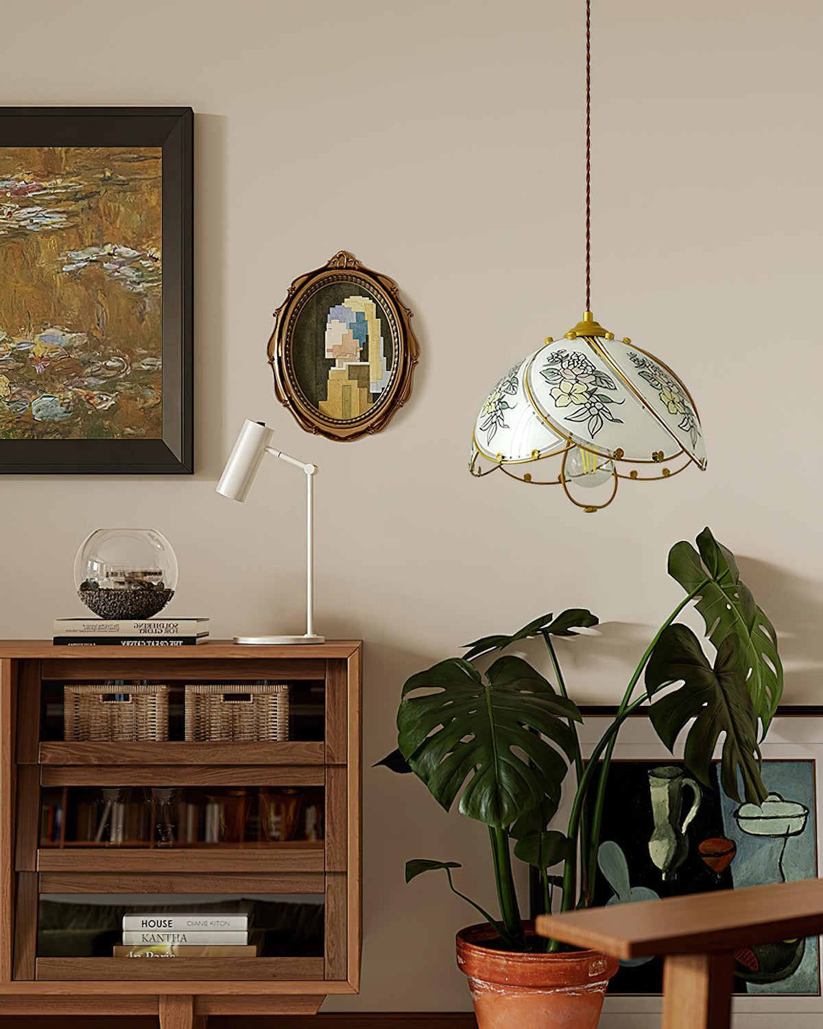 Pendant Lamp Glass Petal Shade Metal Frame Vintage-Neutral Decor