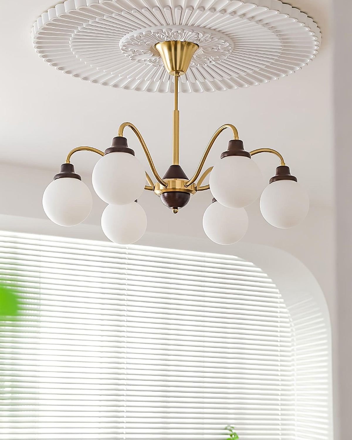 Chandelier Gold Arms&Ash Wood White Glass Globes Retro-Neutral Decor