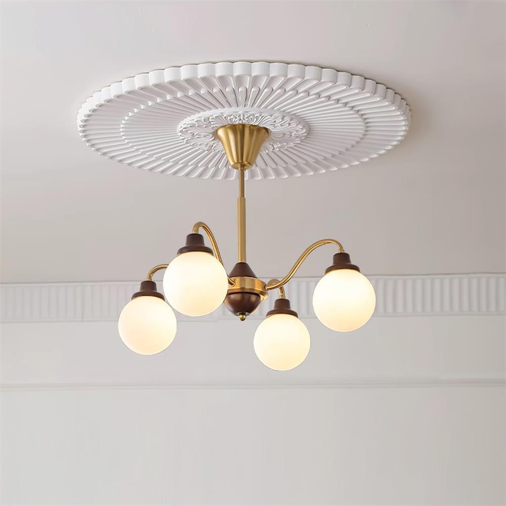 Chandelier Gold Arms&Ash Wood White Glass Globes Retro-Neutral Decor