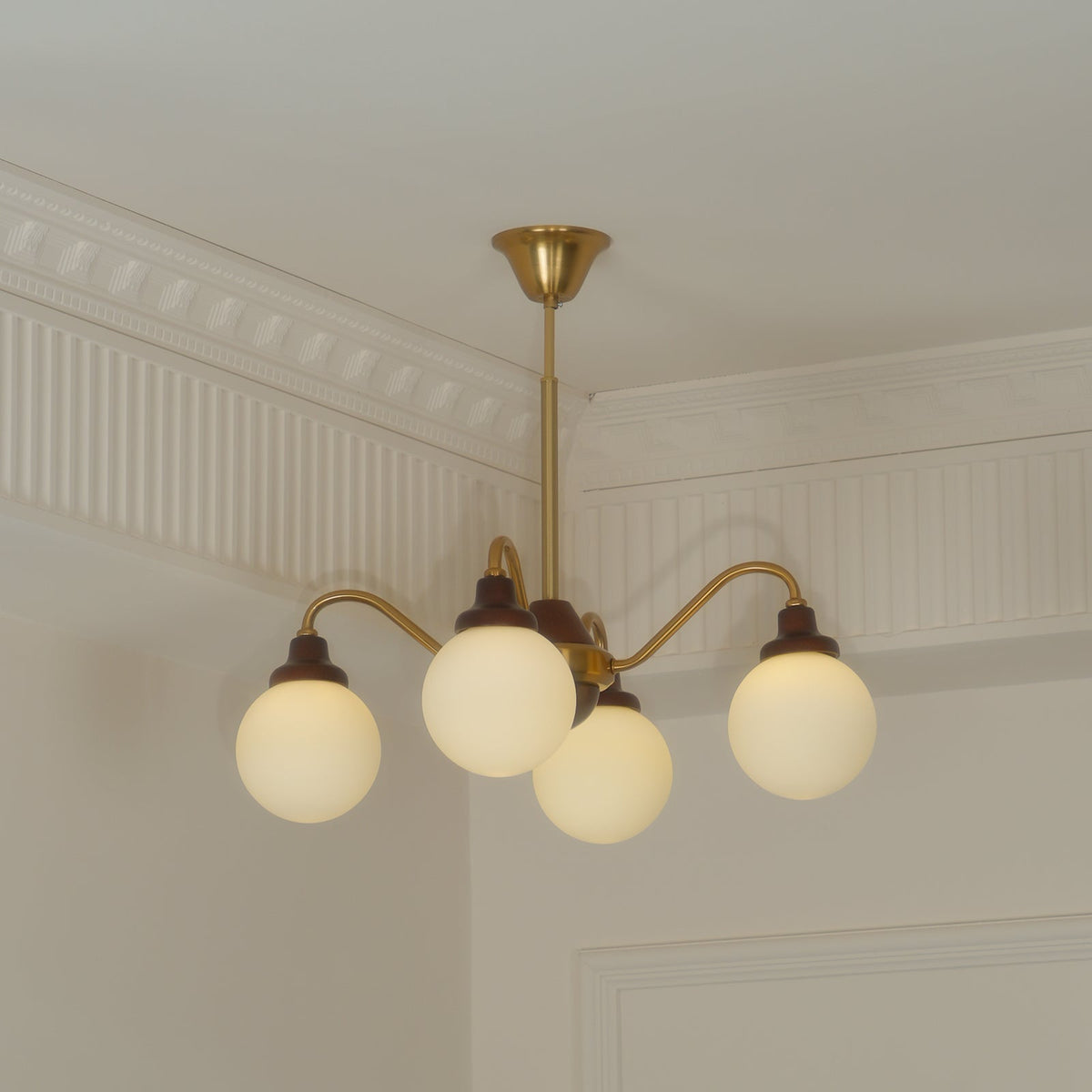 Chandelier Gold Arms&Ash Wood White Glass Globes Retro-Neutral Decor