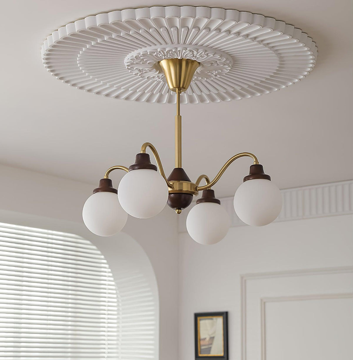 Chandelier Gold Arms&Ash Wood White Glass Globes Retro-Neutral Decor