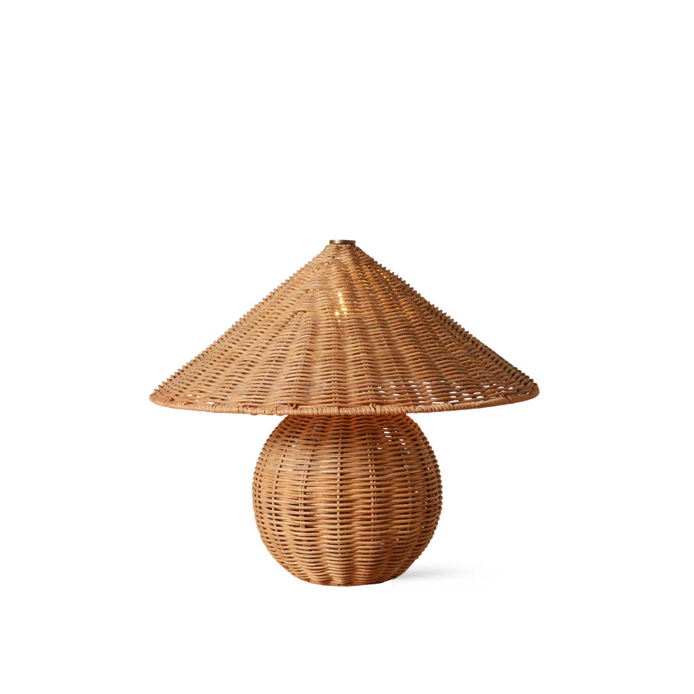 Bobine Table Lamp with a woven rattan shade and base.
