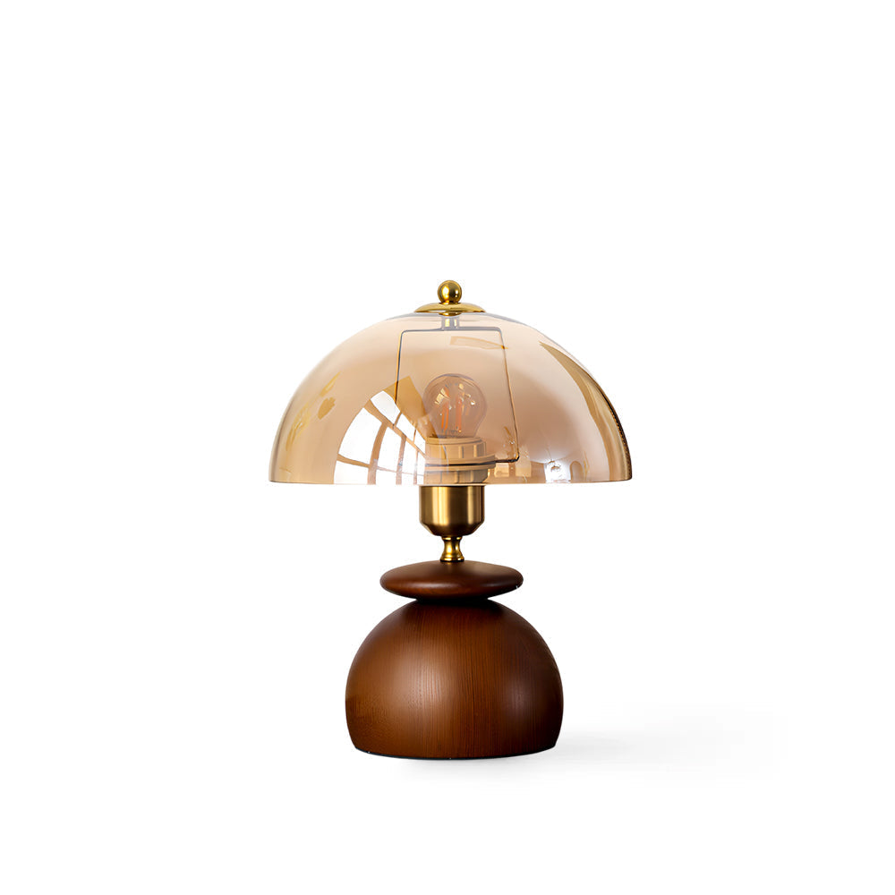 Valeska Table Lamp with amber glass dome and walnut wood base.