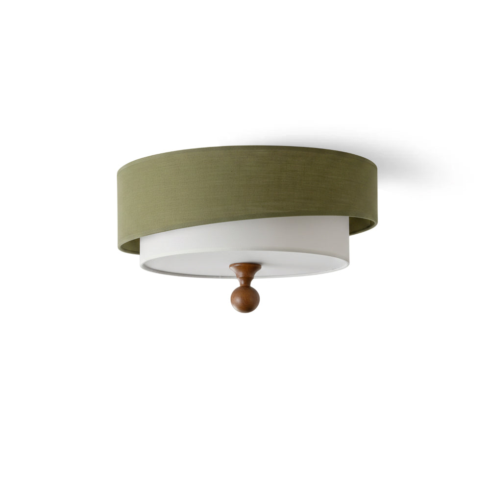 Vanelia Ceiling Lamp with green fabric shade and wood detail.