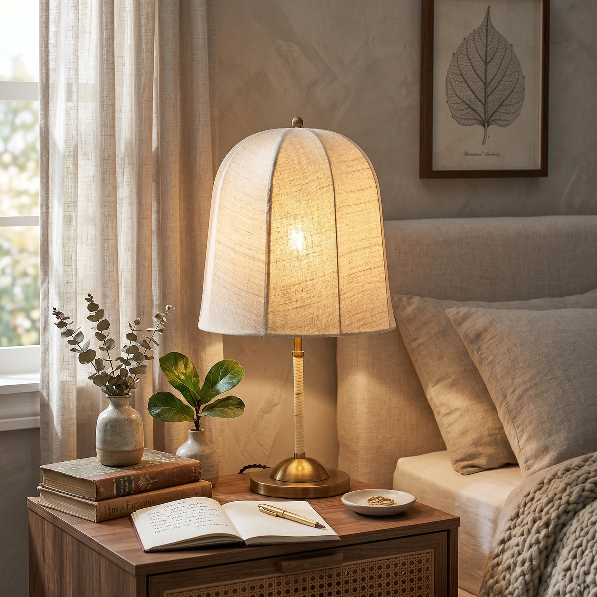 Close-up of the Vanna Table Lamp's cloche-style beige linen shade.