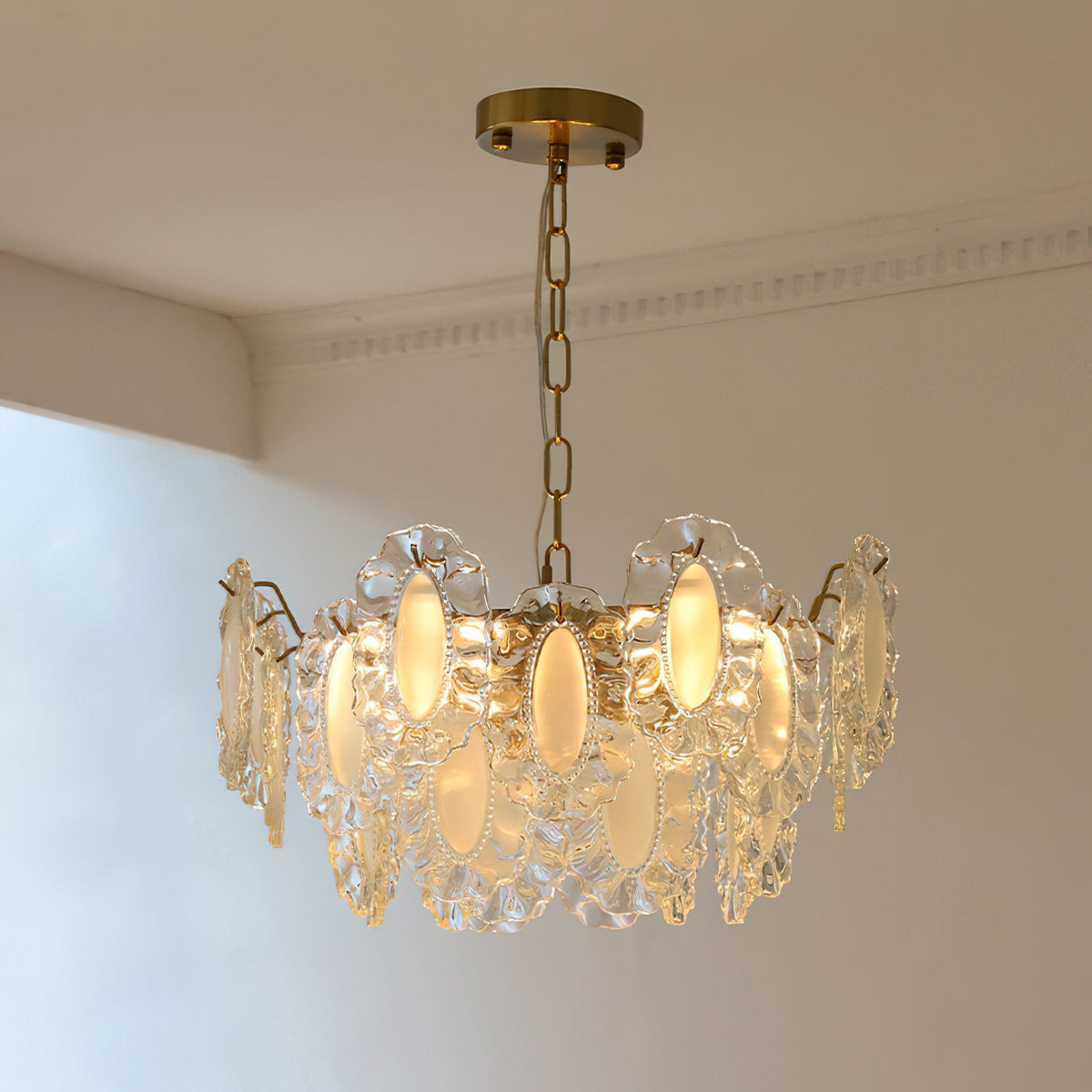 A comparison of the three available sizes of the Varvara Glass Chandelier.