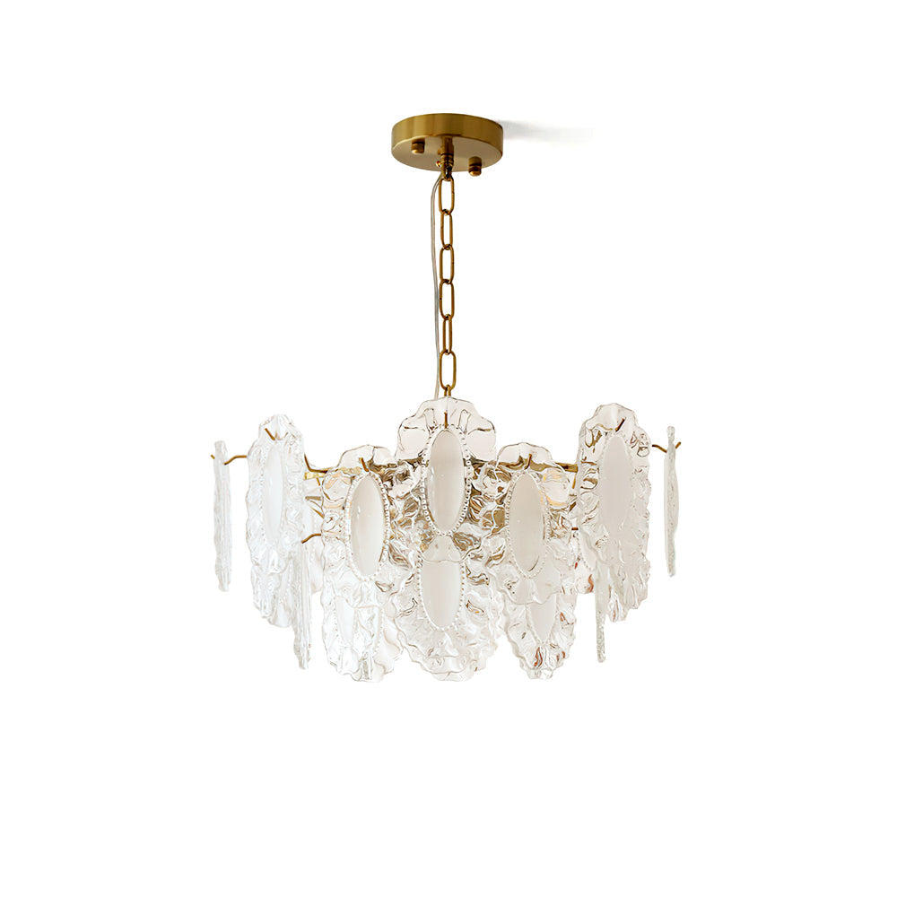 Varvara Glass Chandelier with a gold frame and scalloped glass panels.