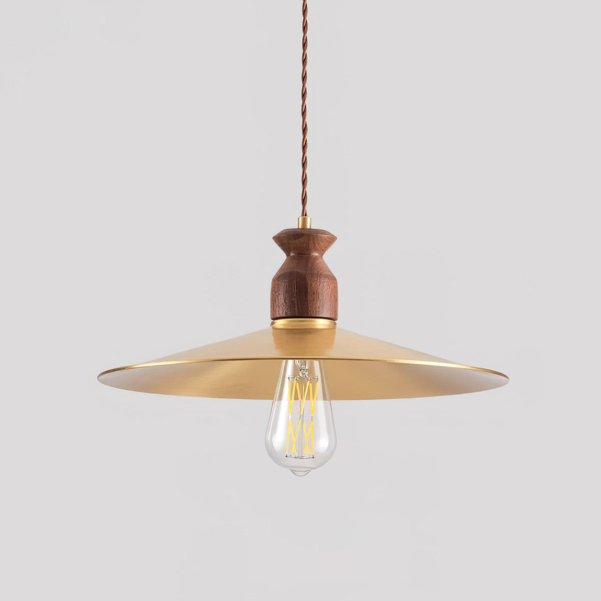 Pendant Lamp Scalloped Brass Shade Walnut Wood Vintage-Neutral Decor