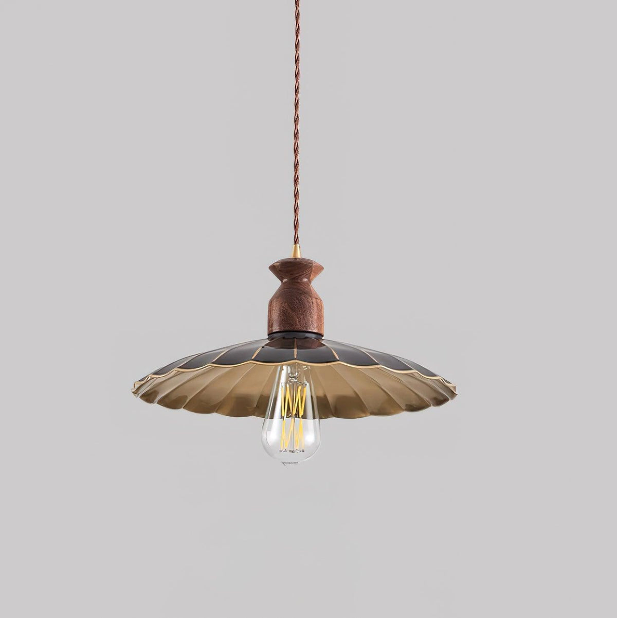 Pendant Lamp Scalloped Brass Shade Walnut Wood Vintage-Neutral Decor