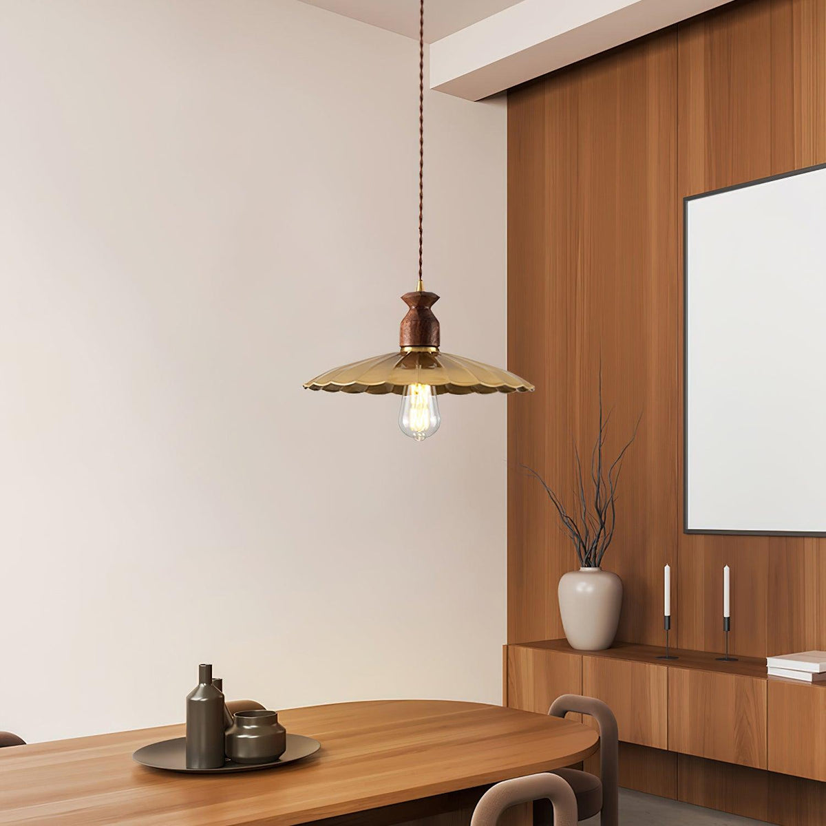 Pendant Lamp Scalloped Brass Shade Walnut Wood Vintage-Neutral Decor
