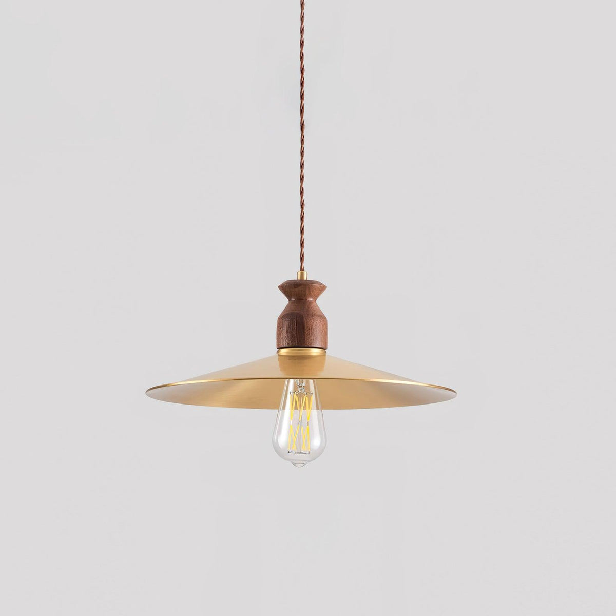 Pendant Lamp Scalloped Brass Shade Walnut Wood Vintage-Neutral Decor