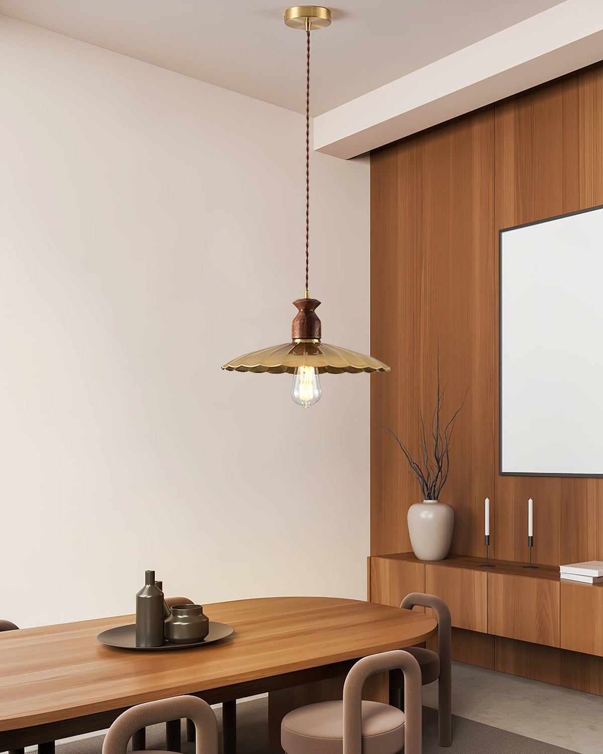 Pendant Lamp Scalloped Brass Shade Walnut Wood Vintage-Neutral Decor