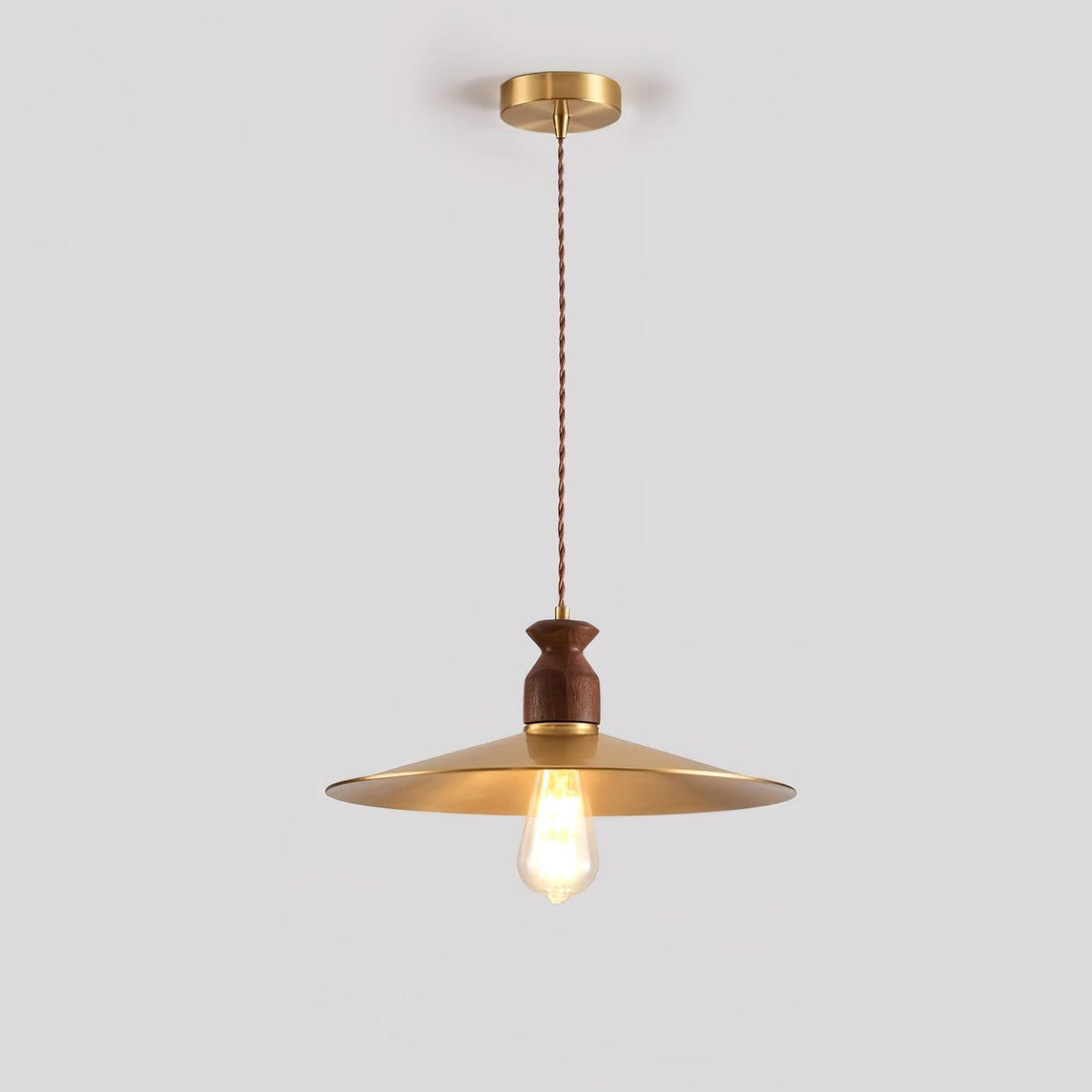 Pendant Lamp Scalloped Brass Shade Walnut Wood Vintage-Neutral Decor