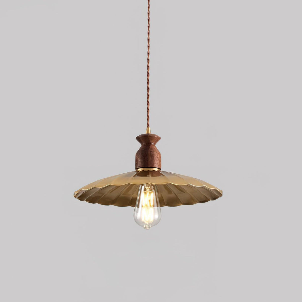 Pendant Lamp Scalloped Brass Shade Walnut Wood Vintage-Neutral Decor