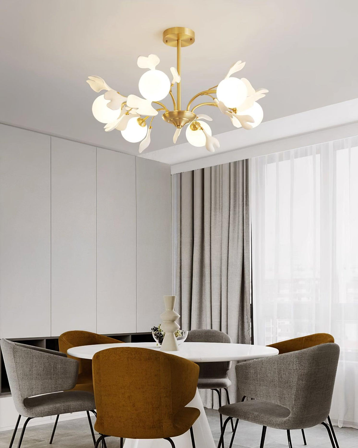 Ginkgo Leaf Chandelier with Frosted Glass Globes-Neutral Decor