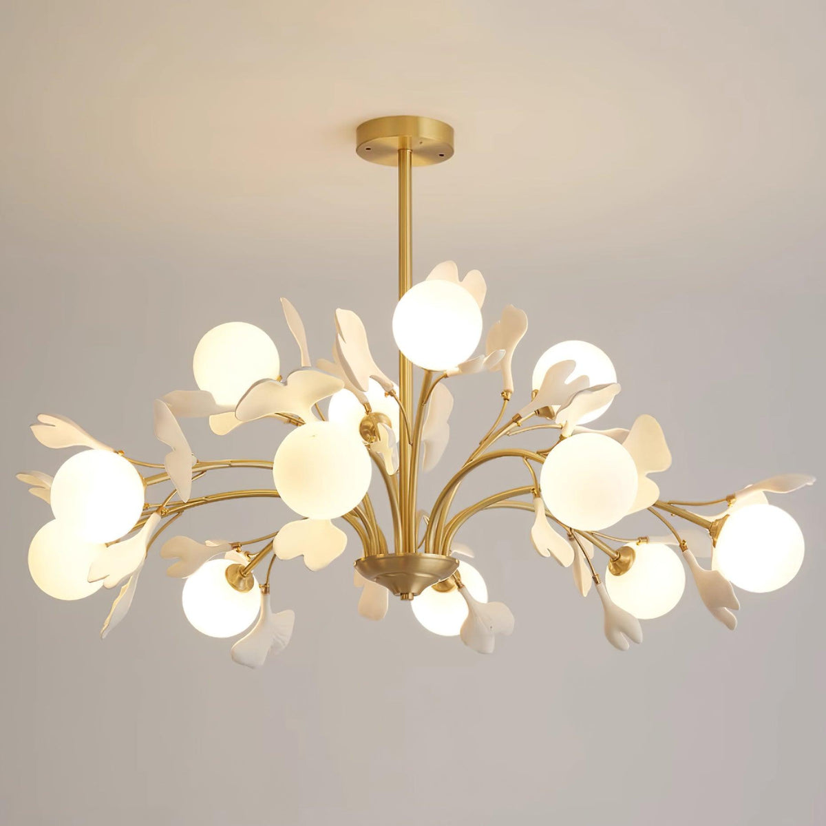 Ginkgo Leaf Chandelier with Frosted Glass Globes-Neutral Decor