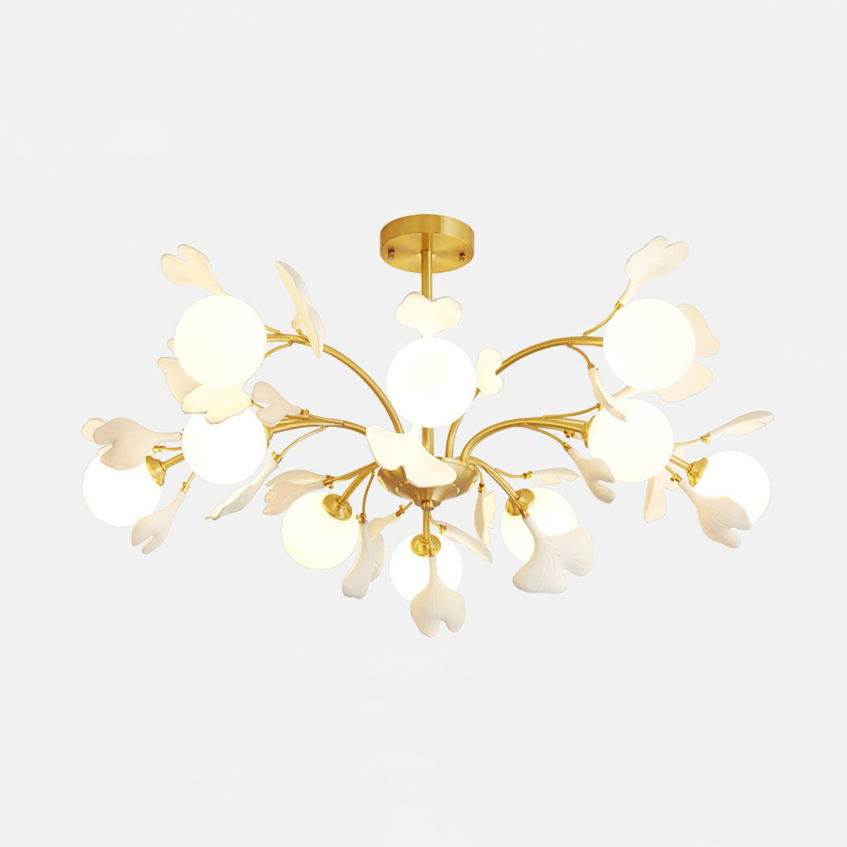 Ginkgo Leaf Chandelier with Frosted Glass Globes-Neutral Decor
