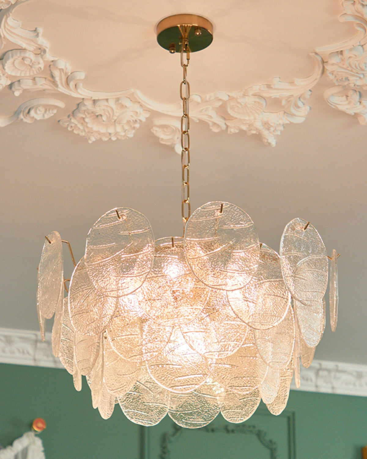 Chandelier Glass Discs Metal Frame Gold Finish Victorian-Neutral Decor