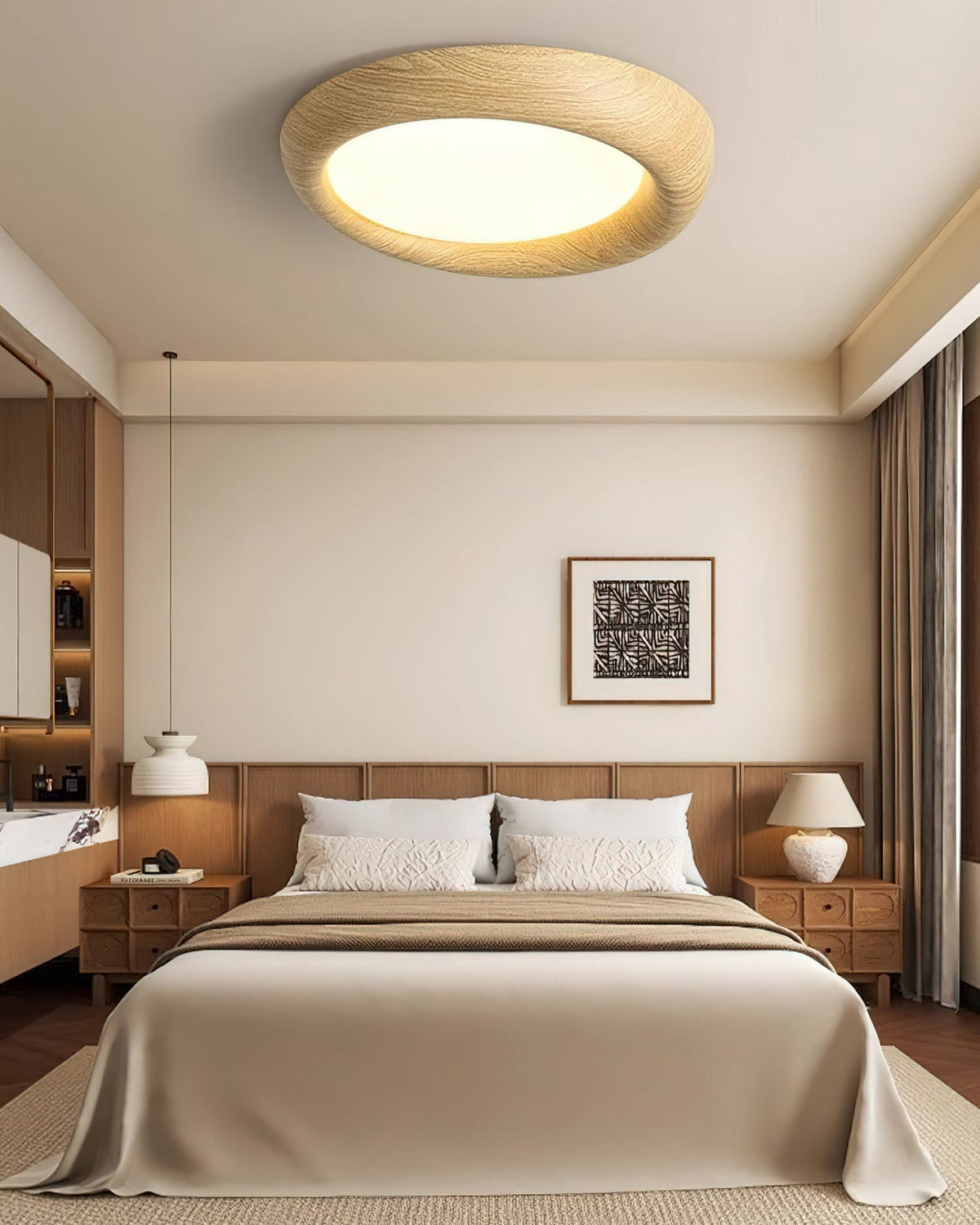 Vikaey Ceiling Light in walnut finish, angled view.