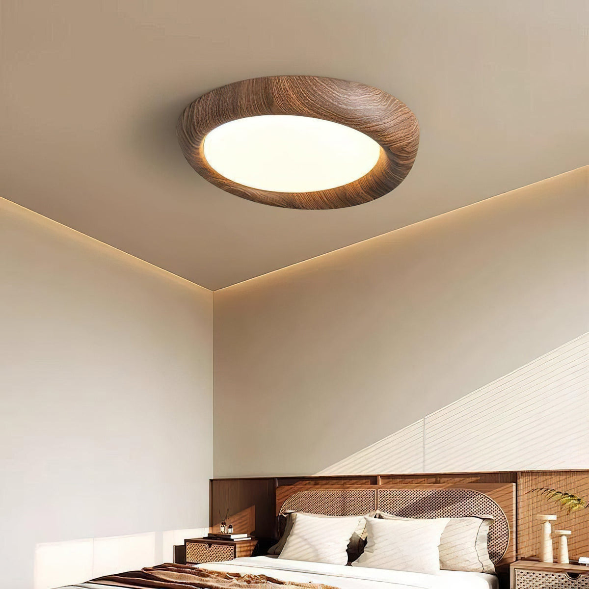 Vikaey Ceiling Light in wood finish installed in a modern living room.