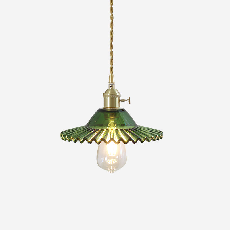 Pendant Lamp Ruffled Glass Shade Scalloped Edge Brass Accents Retro-Neutral Decor