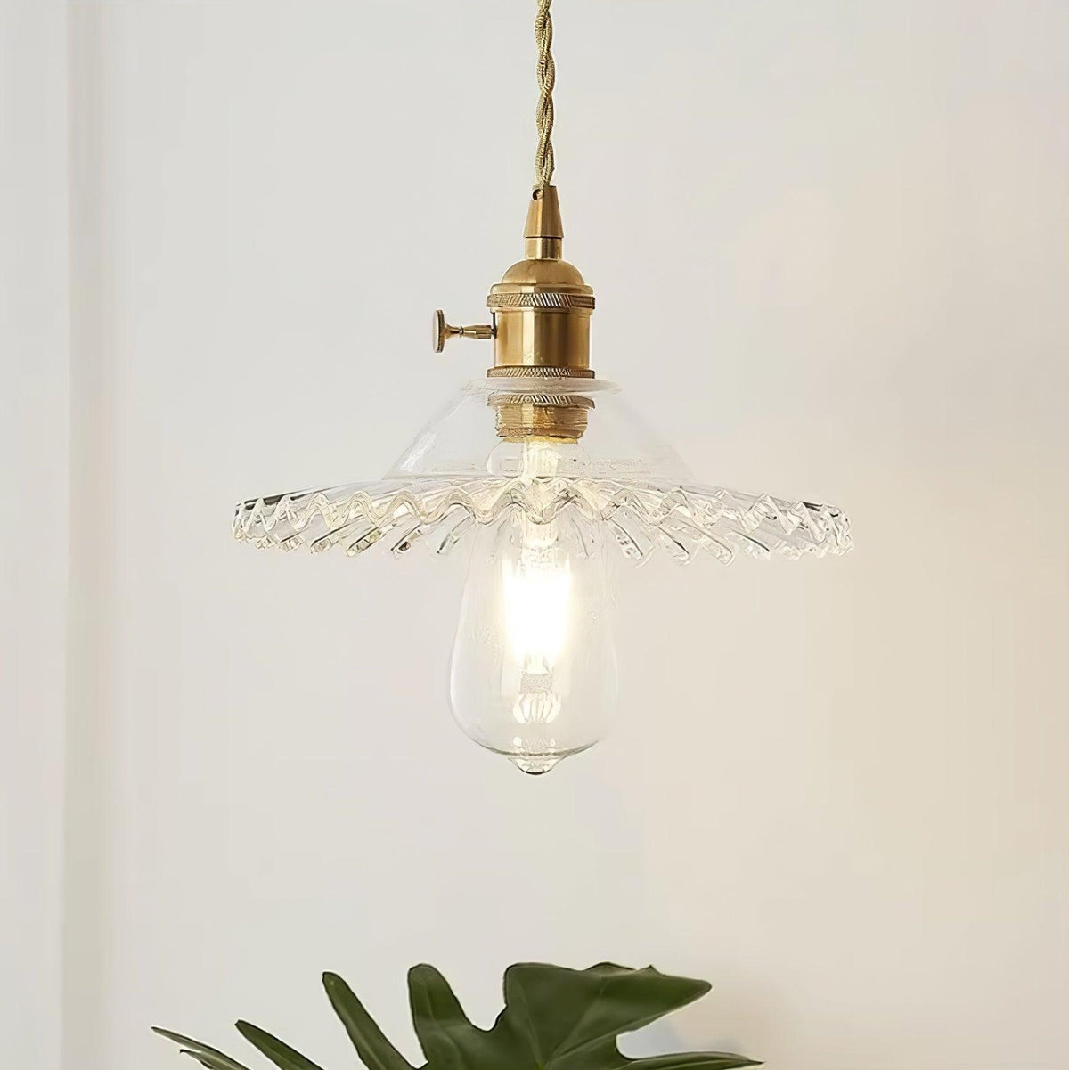 Pendant Lamp Ruffled Glass Shade Scalloped Edge Brass Accents Retro-Neutral Decor
