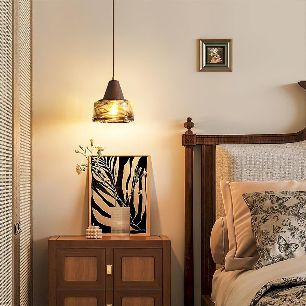 Pendant Lamp Amber Glass Shade Wood Top Vintage Artistic-Neutral Decor