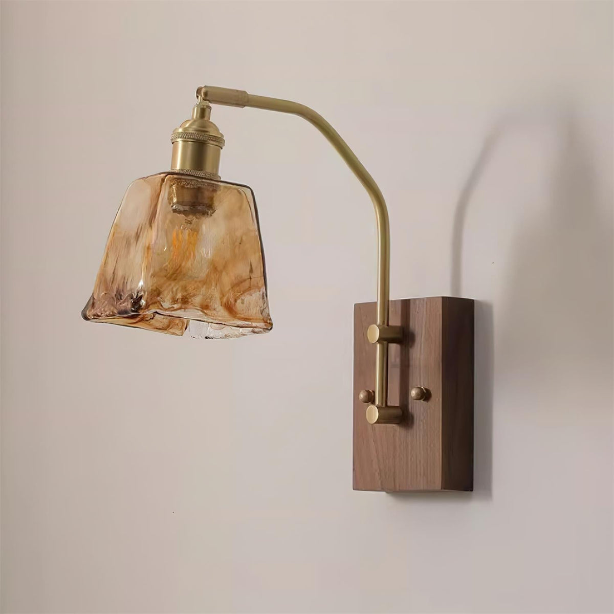 Wall Lamp Brass and Glass with Wood Backplate Vintage Artisan-Neutral Decor