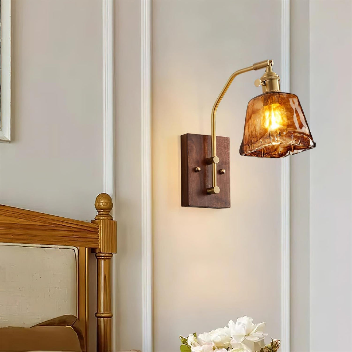 Wall Lamp Brass and Glass with Wood Backplate Vintage Artisan-Neutral Decor