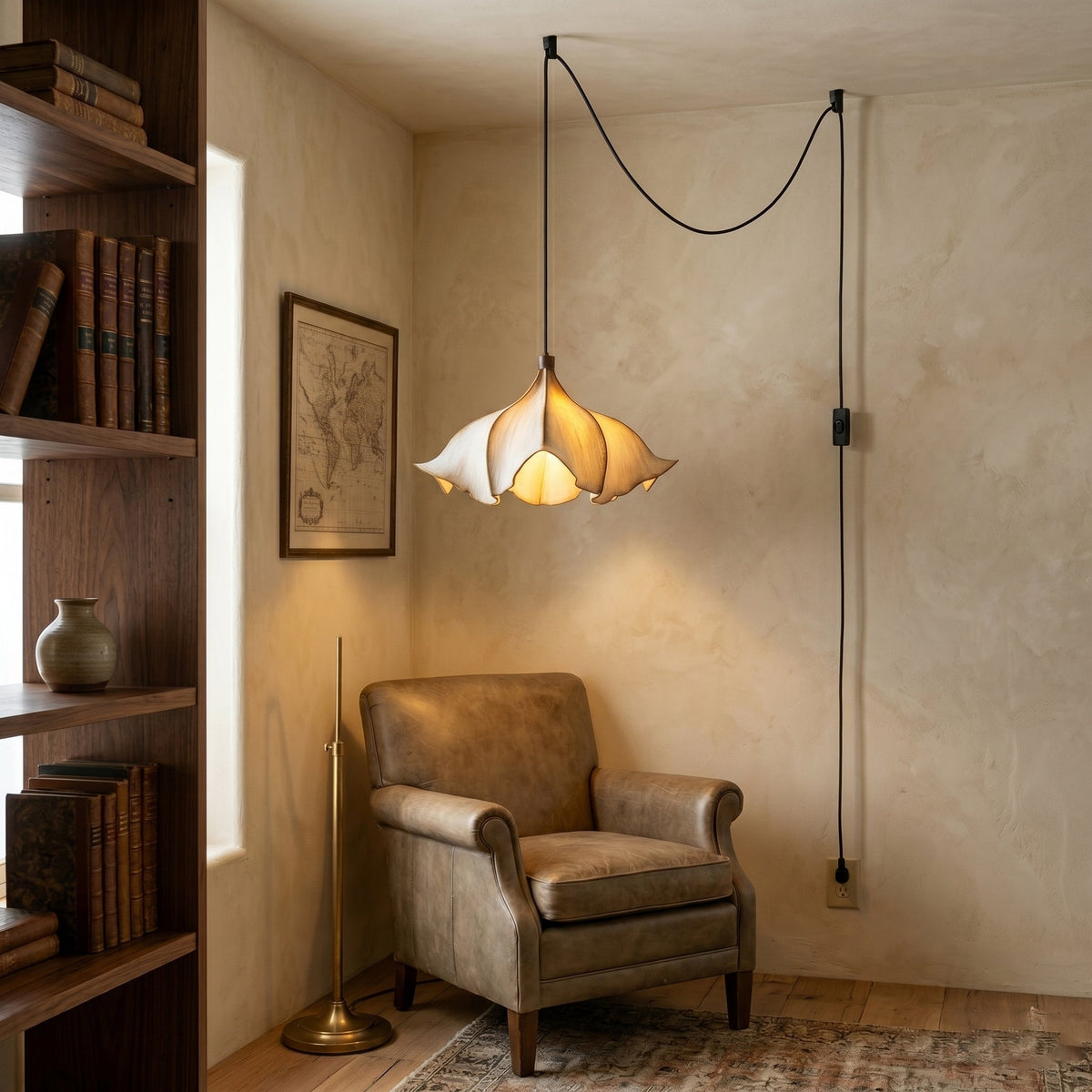 Viscontea swag light shown with its plug-in cord and switch.