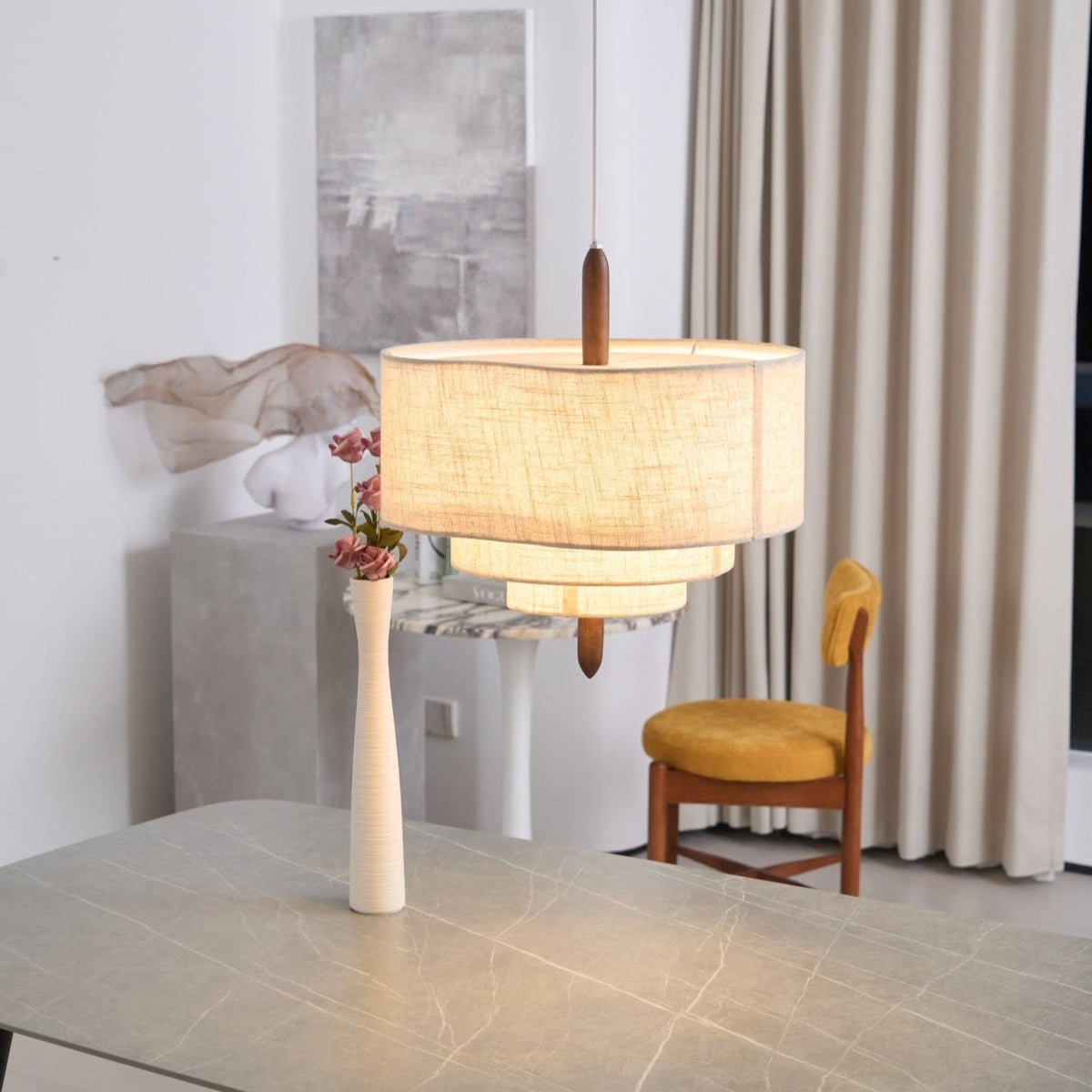 Paveya Élégance Vague Échelle Bois Tissu Pendentif Lampe