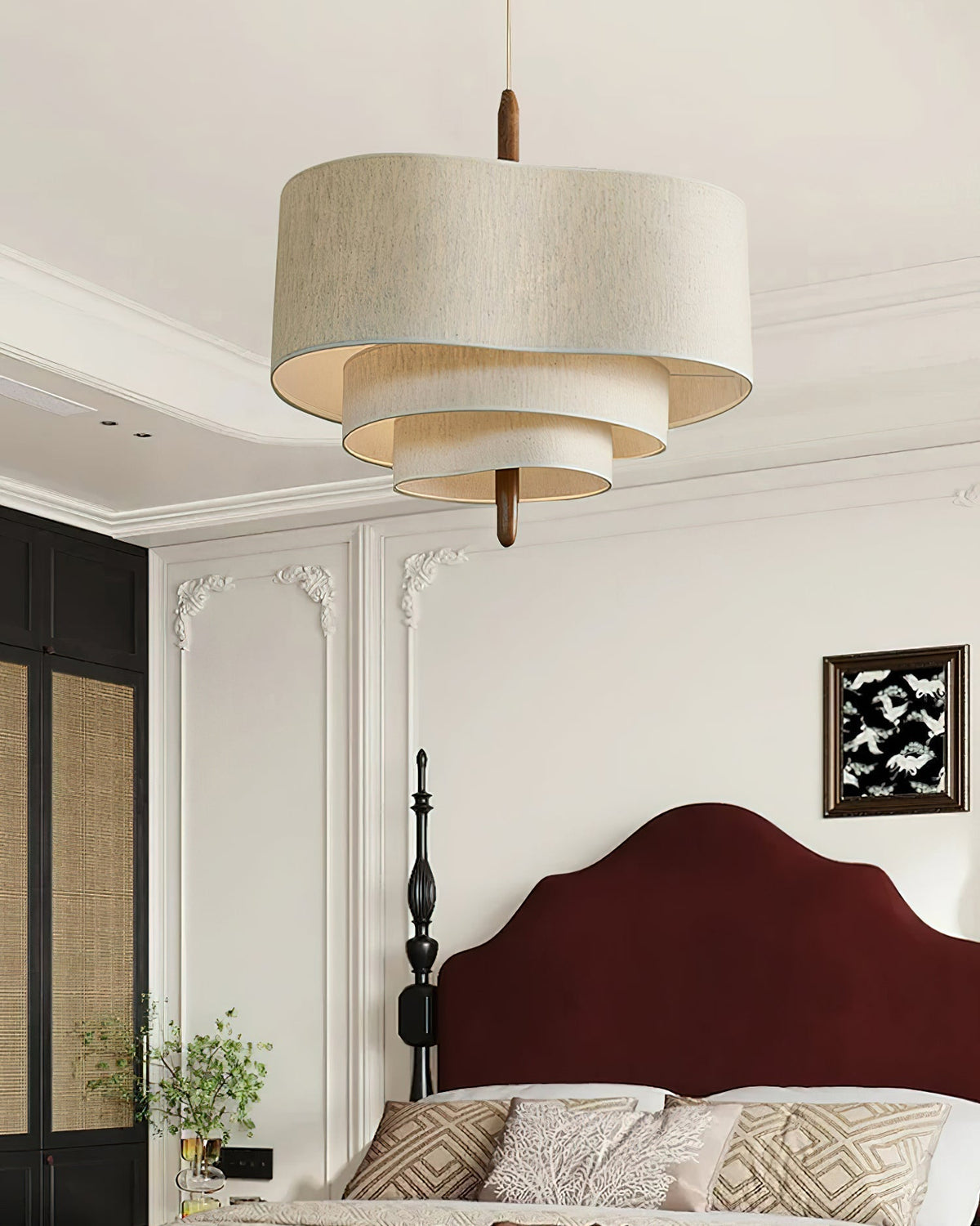Paveya Élégance Vague Échelle Bois Tissu Pendentif Lampe