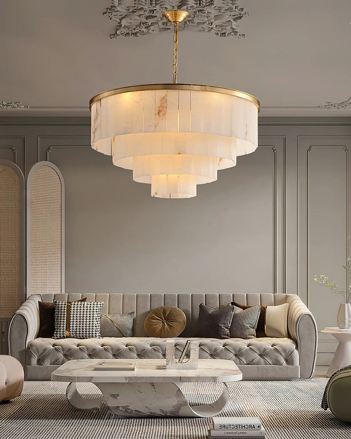 Windham Alabaster Chandelier Layered Halo-Neutral Decor