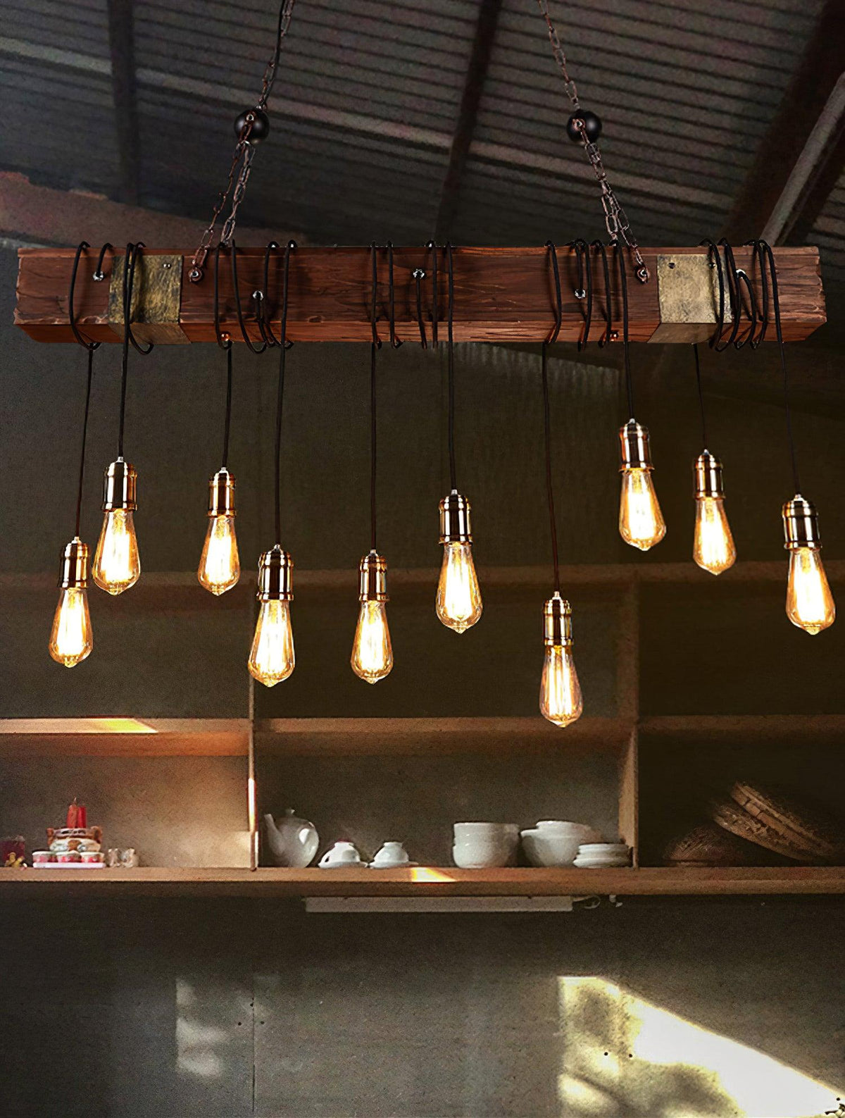 Arlenae Lustre Poutre en Bois Ampoule Edison Rustique