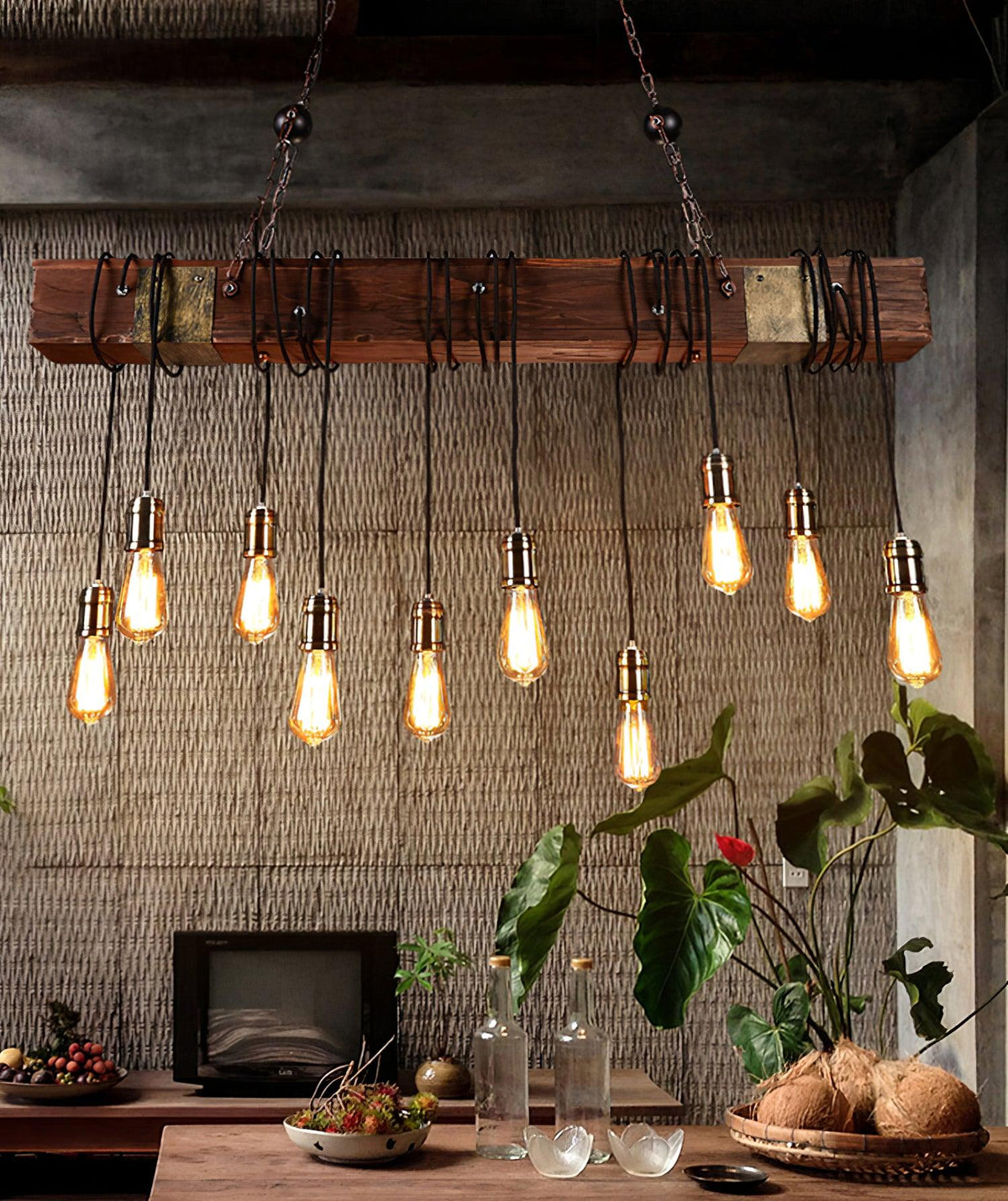 Arlenae Lustre Poutre en Bois Ampoule Edison Rustique