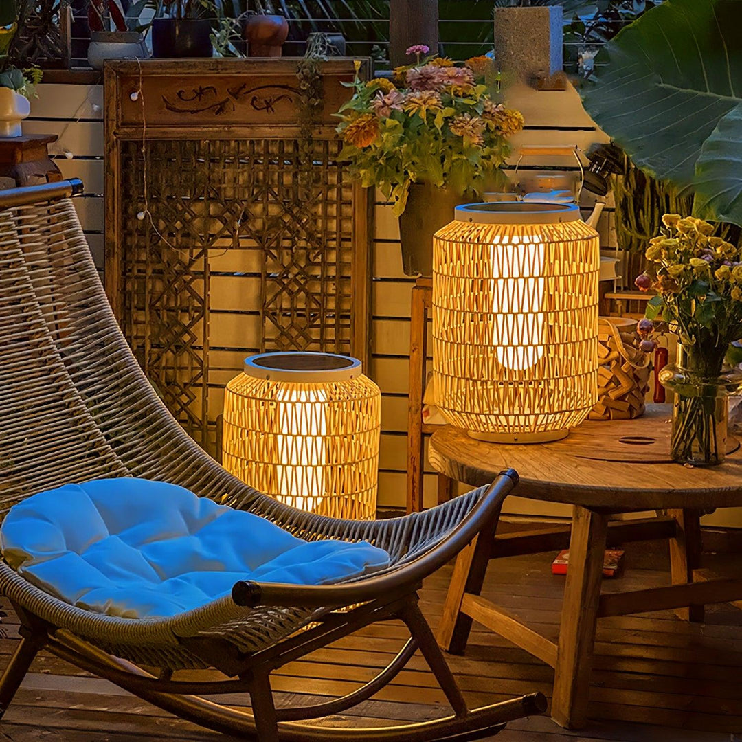 Close-up of the intricate rattan weave on the outdoor lamp shade.