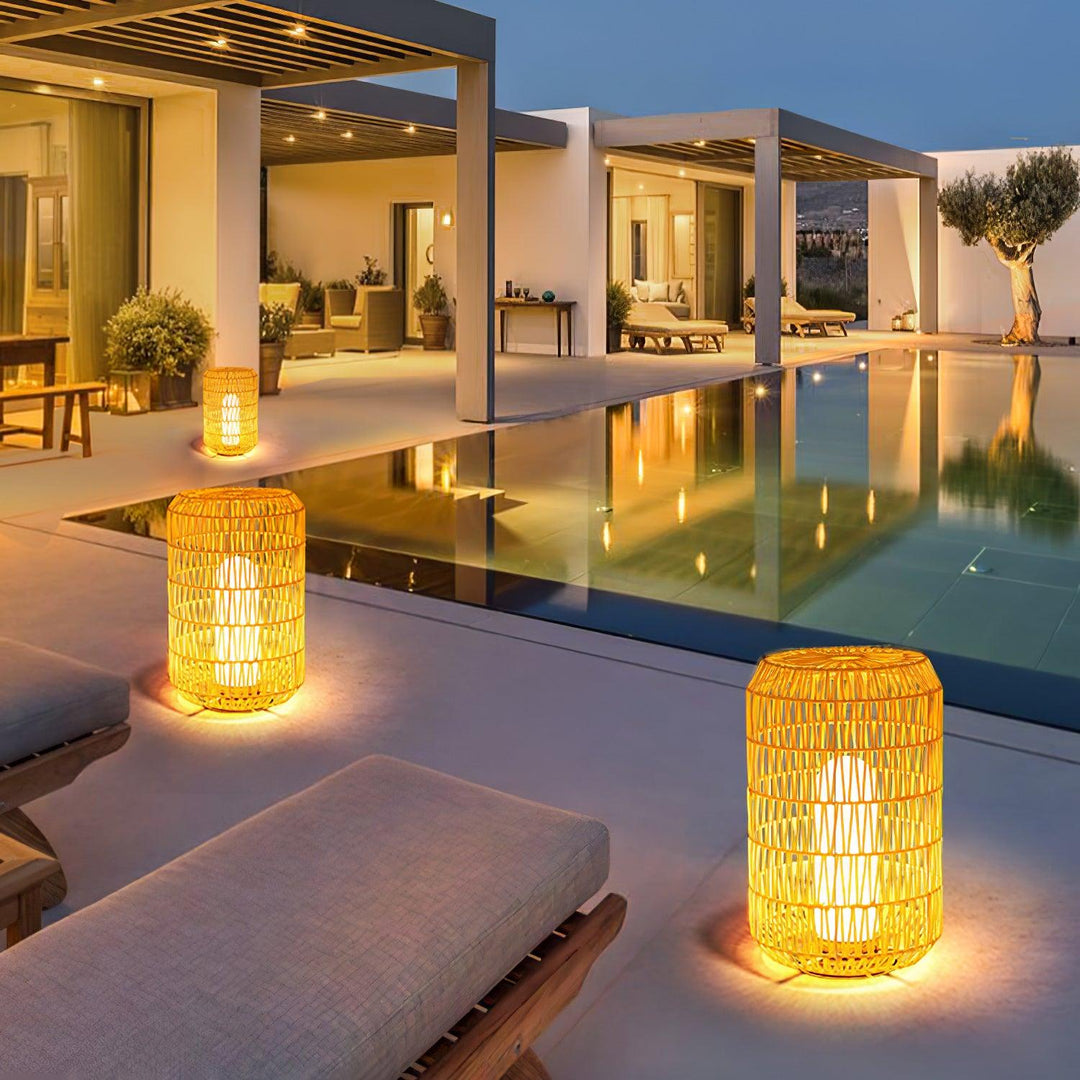 Side view of the woven rattan outdoor lamp.