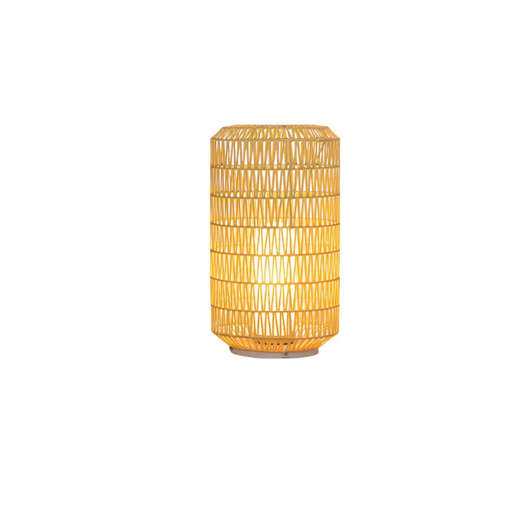 Close-up of the handwoven texture of the rattan lamp.