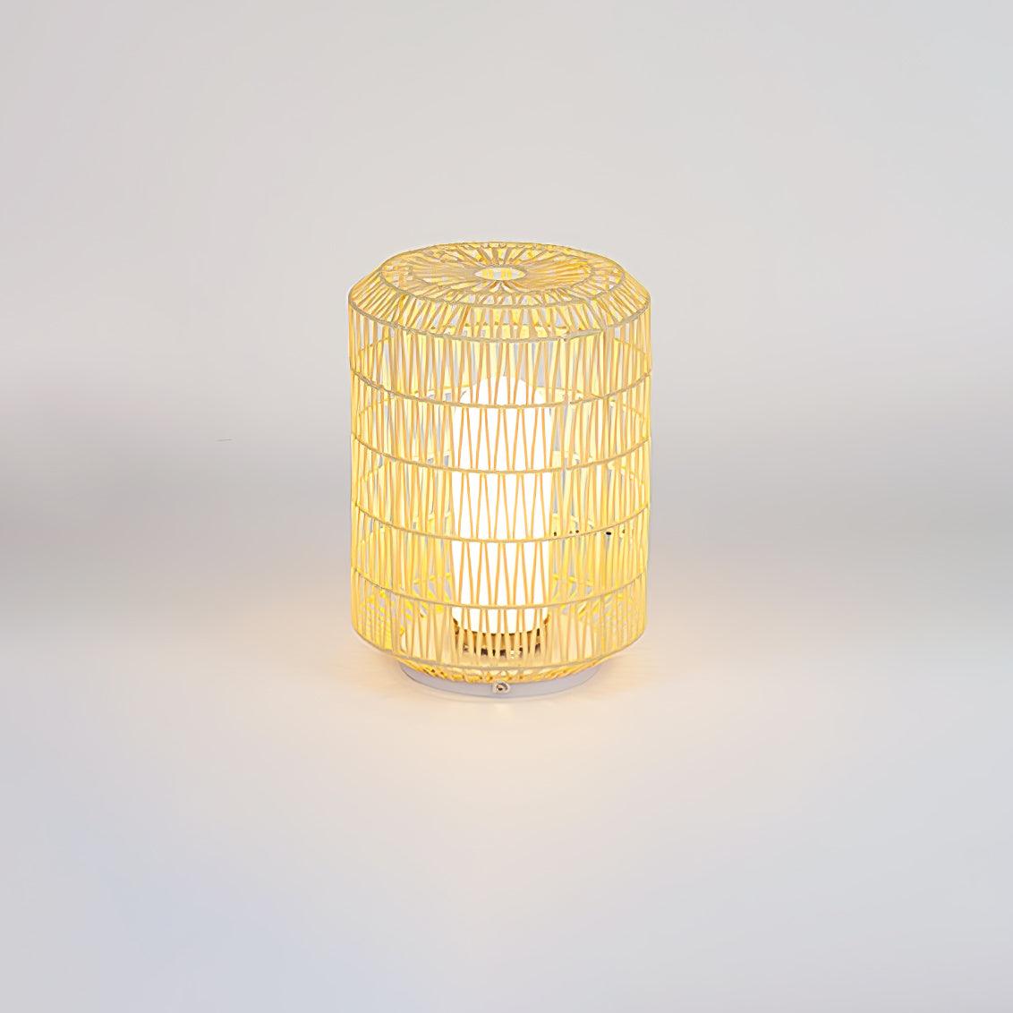 Woven rattan outdoor lamp with a natural finish.